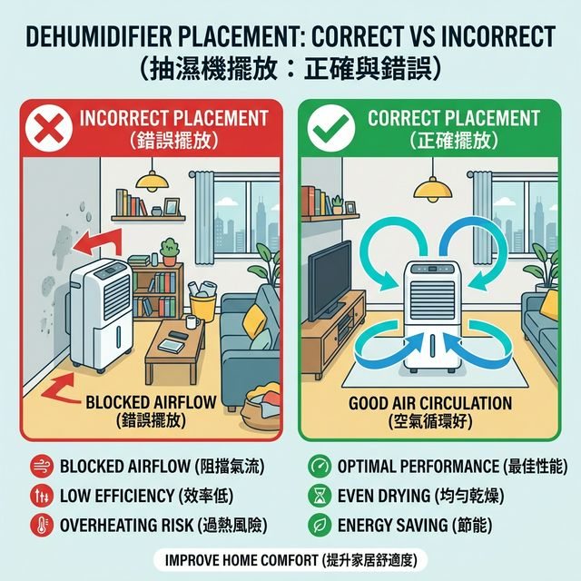 抽濕機正確擺放位置對比圖